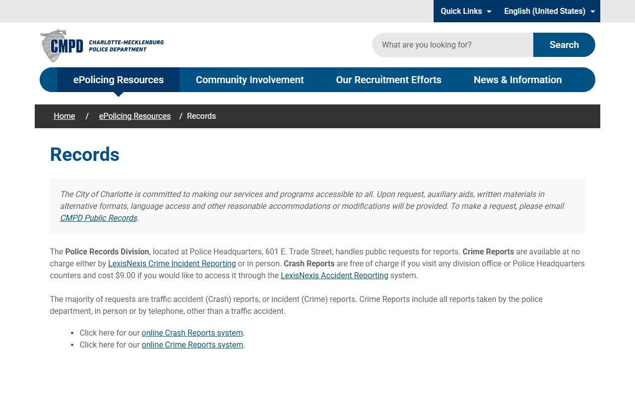 Charlotte people search CMPD Records Division page