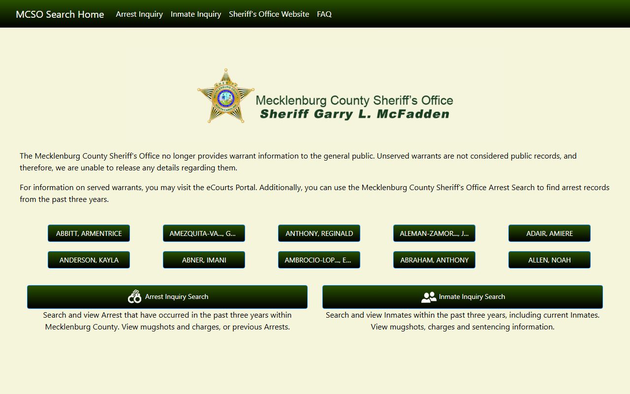 Charlotte people search Mecklenburg Sheriff arrest inquiry