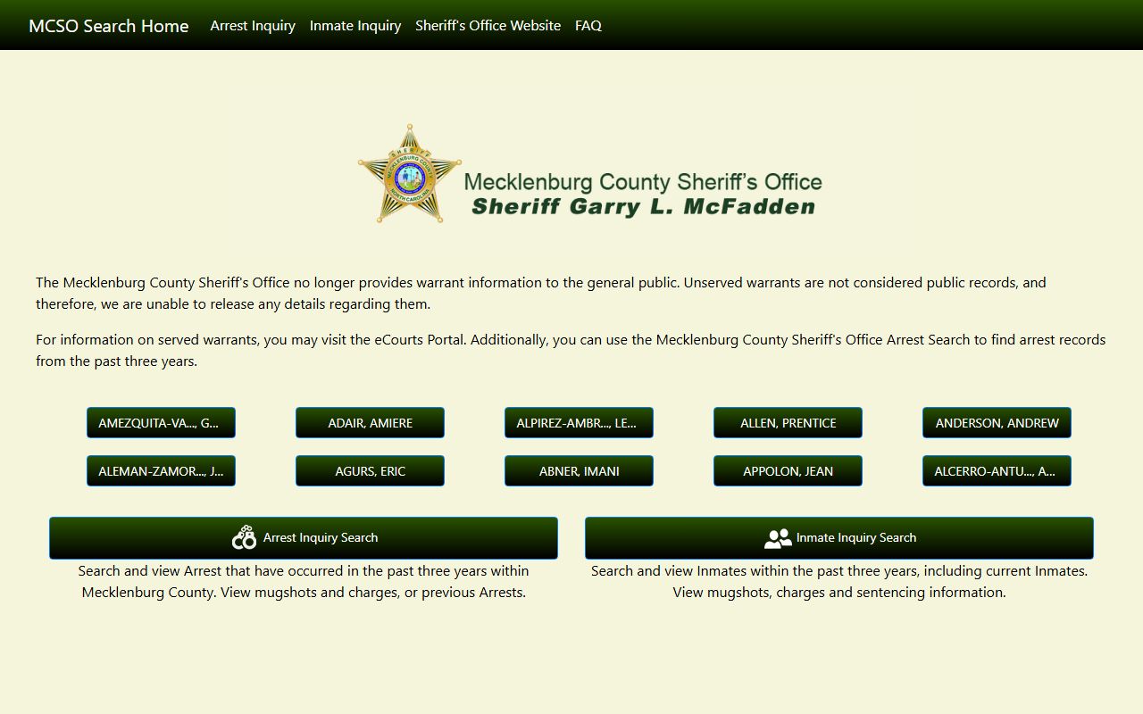 Mecklenburg County Sheriff online portal for inmate and warrant searches