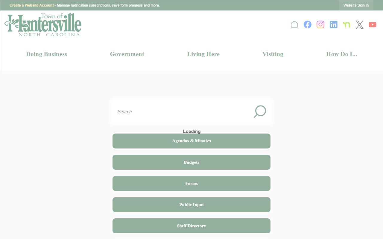 Town of Huntersville government website for local public records and services