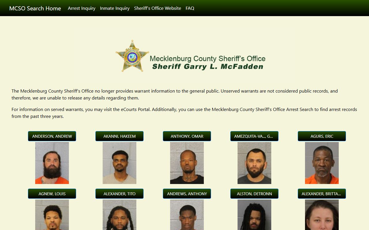 Pineville people search Mecklenburg Sheriff inquiry system