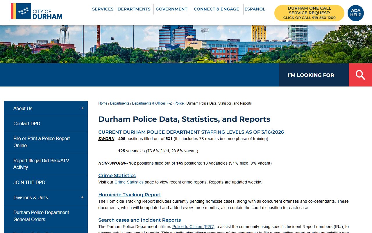 Durham Police Department data and statistics portal for public records