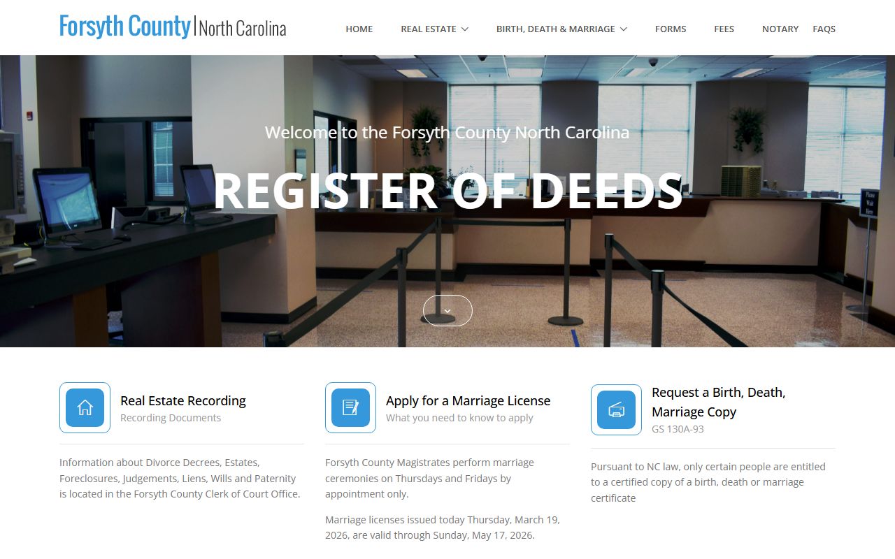 Forsyth County Register of Deeds website for deed and vital record search
