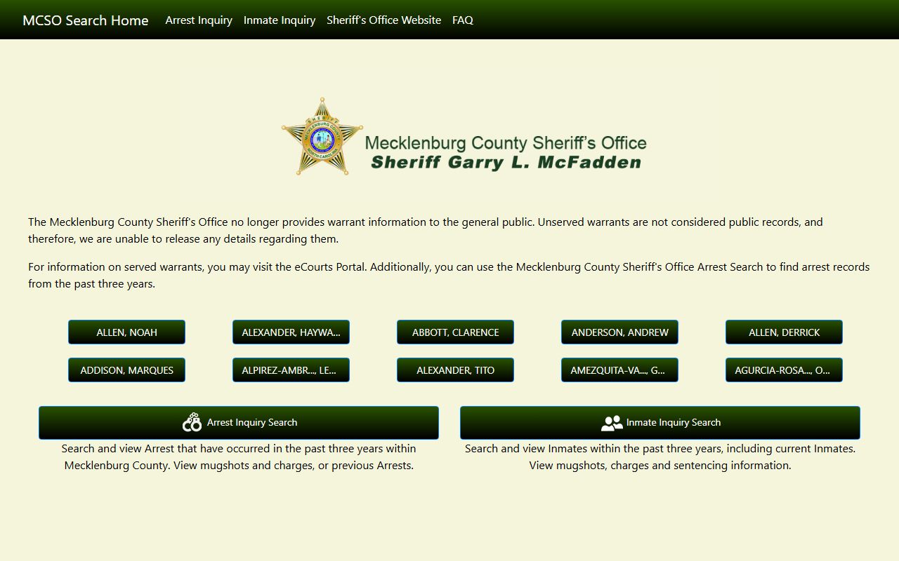 Mecklenburg County Sheriff arrest and inmate search portal for people search