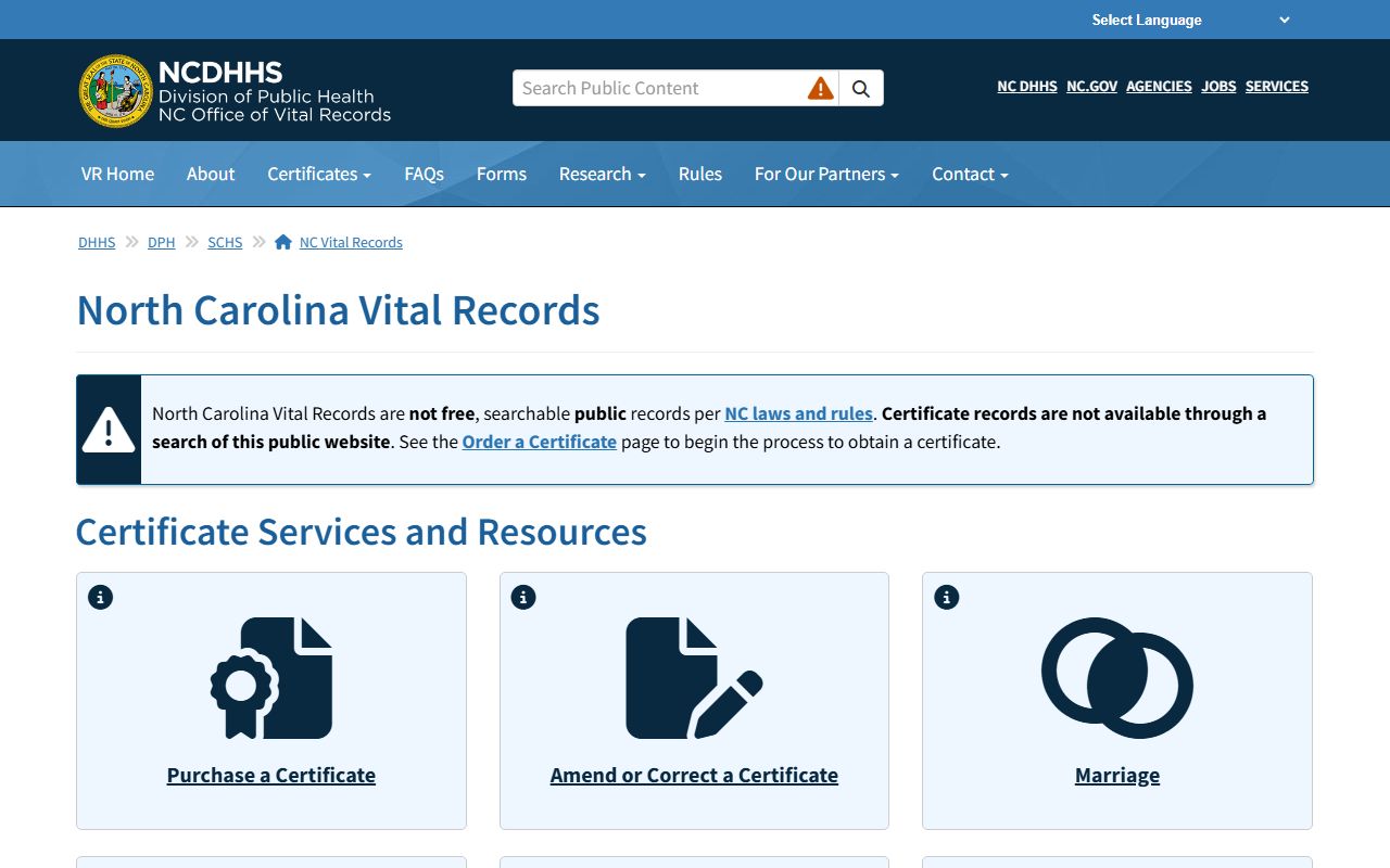 North Carolina vital records office for people search certificates